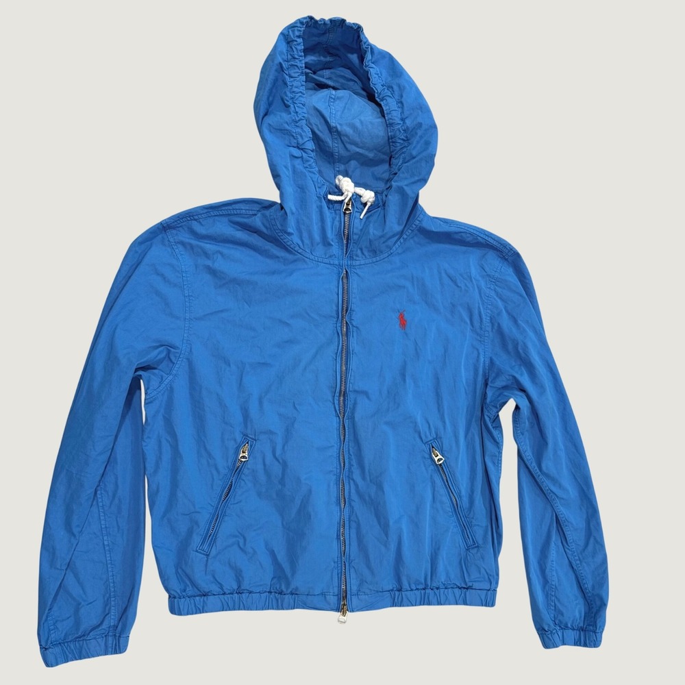 Polo Ralph Lauren Blue Windbreaker Full Zip Hood Jacket Outdoor Travel Hiking S